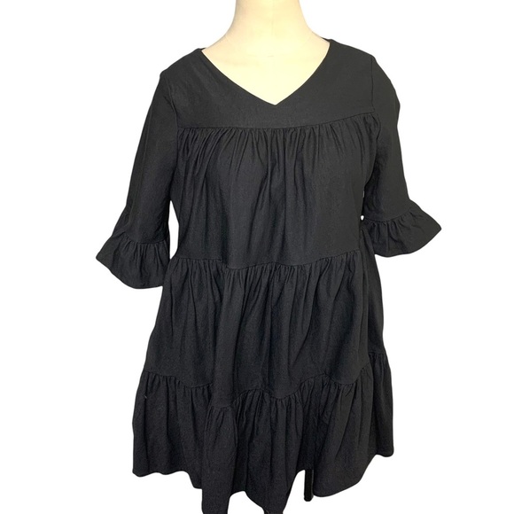 EMMA Knudsen Black Babydoll Mini Shift Dress Ruffles Relax Fit 1/2 Sleeve Sz XS - Picture 2 of 12